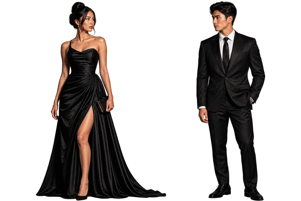 Midnight Garden formal attire — black evening gowns and suits